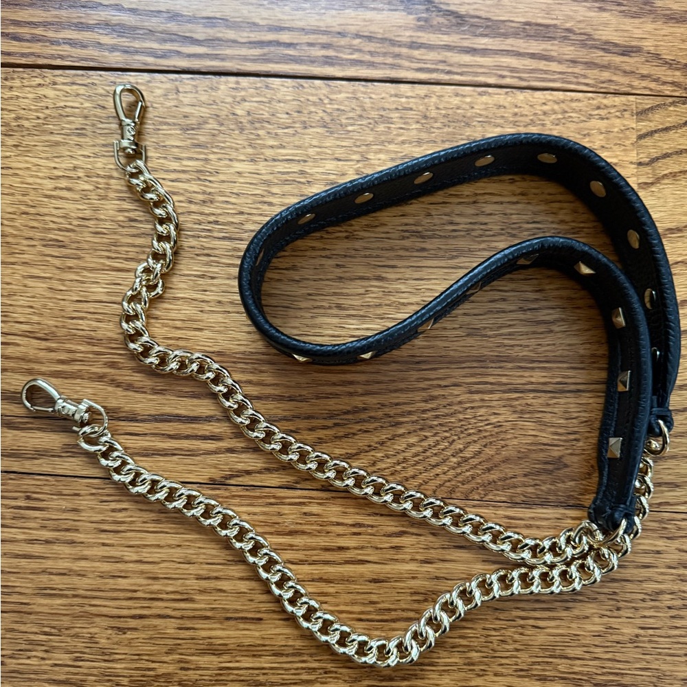 Bandolier Black Leather with studs and Gold Chain Strap